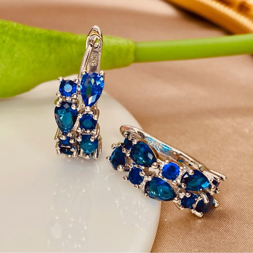 Gorgeous Royal Blue Diamond CZ Hoop Earrings in Sterling Silver - Picture 6 of 9